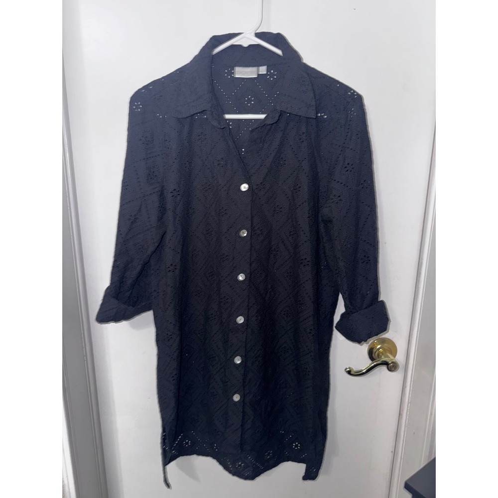 Dotti Black Eyelet Button Down Tunic Cover Up Roll Tab Sleeve Women Large
